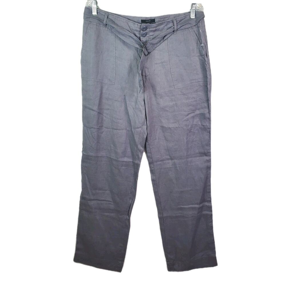 TAHARI 100% Linen Pants Straight Leg High Waist Grey With Belt Womens Sz 12